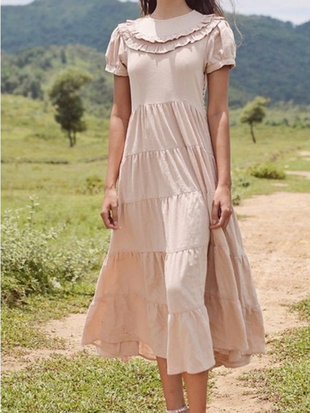 Lelasilk Organic Cotton and Linen Bohemian Tiered Maxi Dress Rose Pink